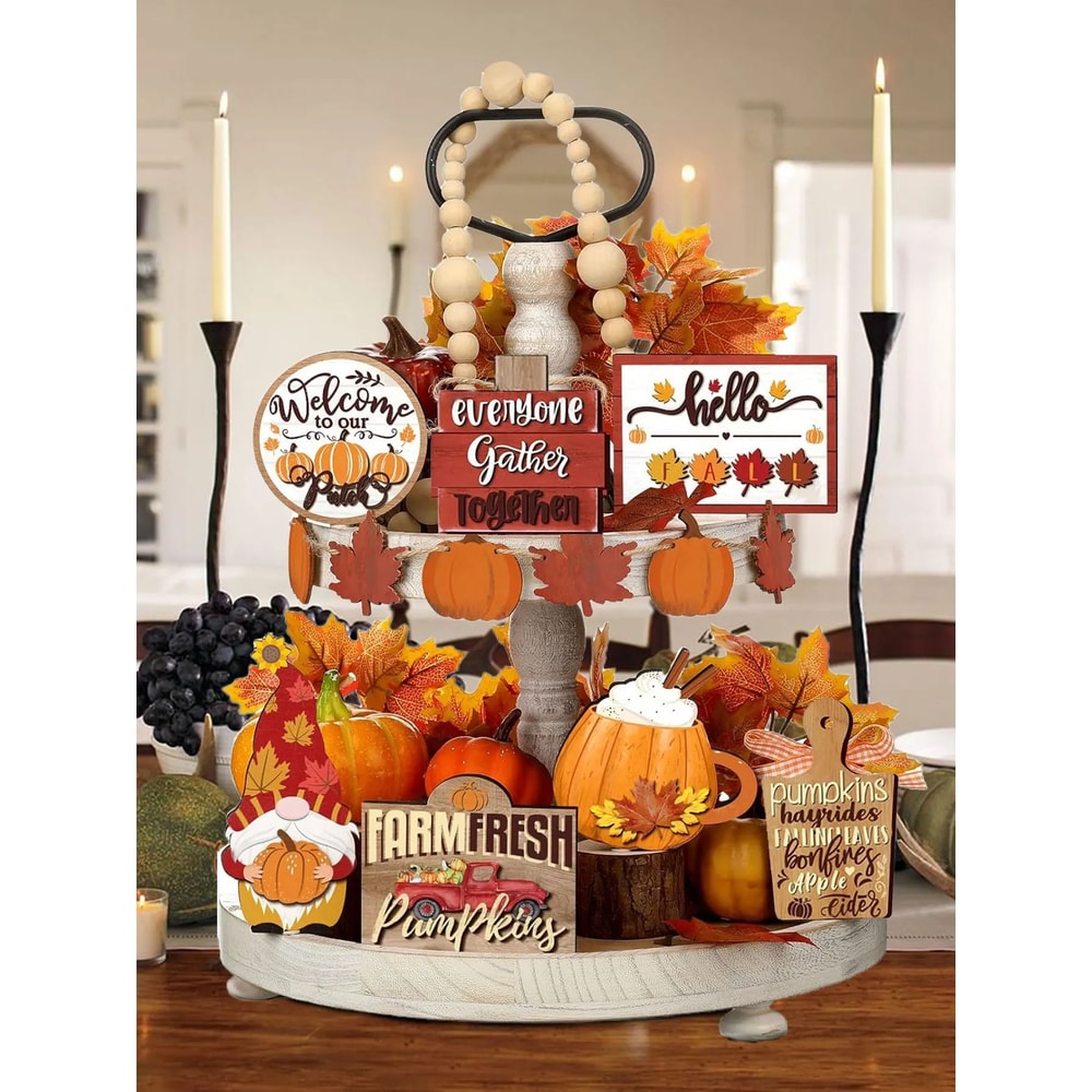 Rustic Farmhouse Wooden Tiered Tray Decor Set Autumn Pumpkin Spice Maple Leaf Centerpiece Accents 1