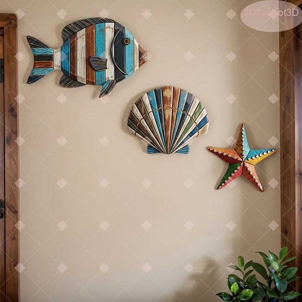 Coastal Wooden Ocean Wall Decor Set Colorful Fish Shell Starfish Farmhouse Hanging Art 4