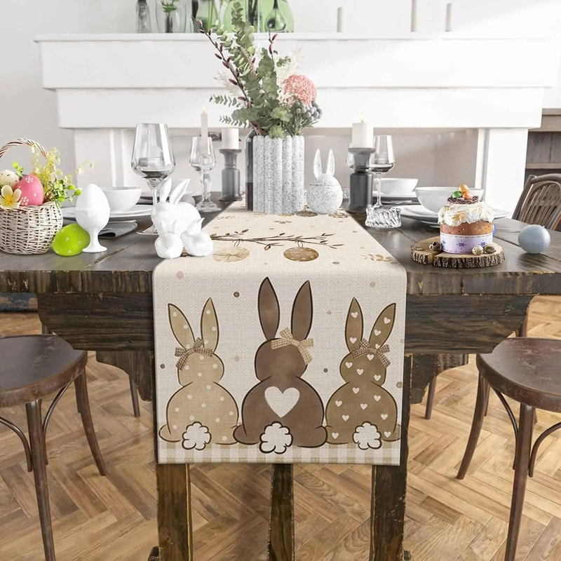 Rustic Easter Bunny Linen Table Runner Spring Botanical Egg Table Decor 1