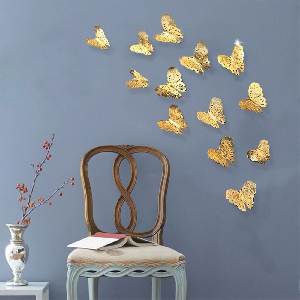3D Mirror Butterfly Wall Stickers Hollow Gold Silver Blue DIY Room Decor 1