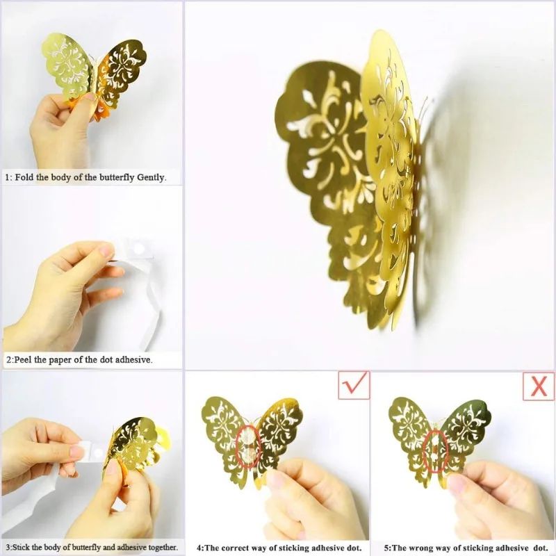 3D Mirror Butterfly Wall Stickers Hollow Gold Silver Blue DIY Room Decor 4