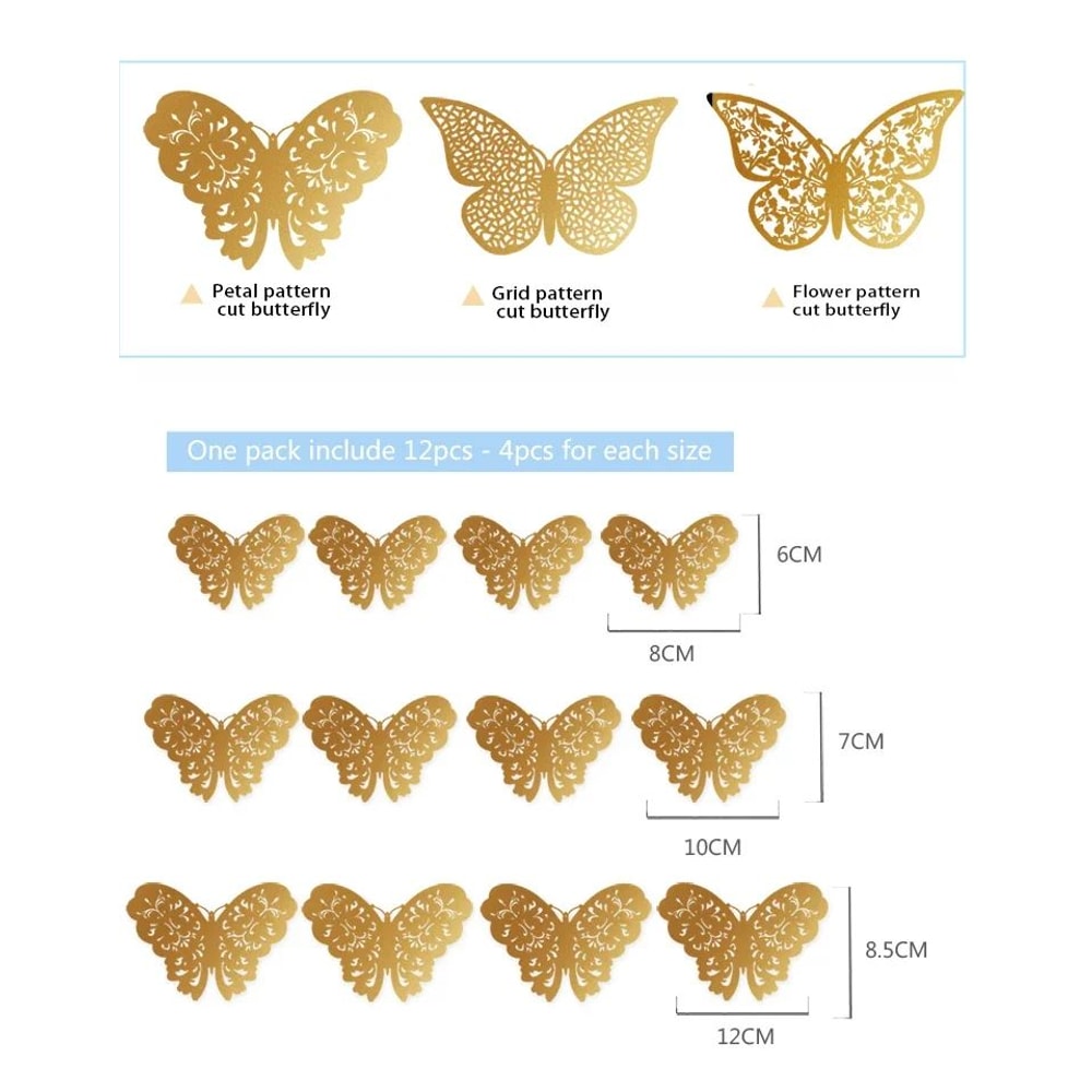 3D Mirror Butterfly Wall Stickers Hollow Gold Silver Blue DIY Room Decor 5