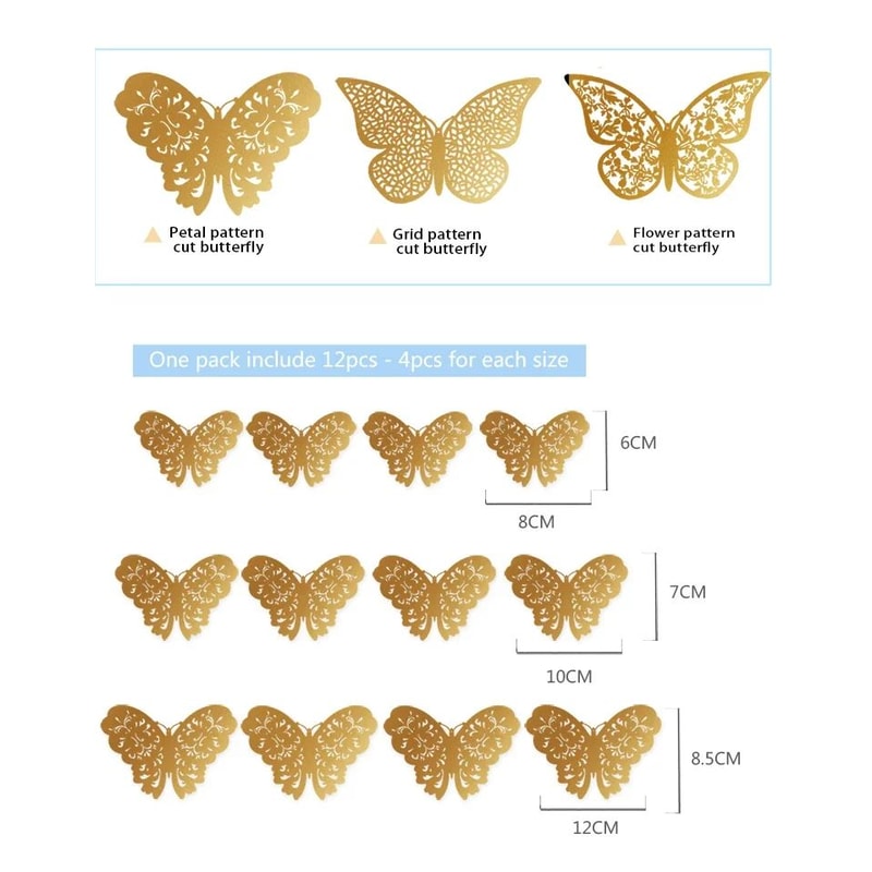 3D Mirror Butterfly Wall Stickers Hollow Gold Silver Blue DIY Room Decor 5