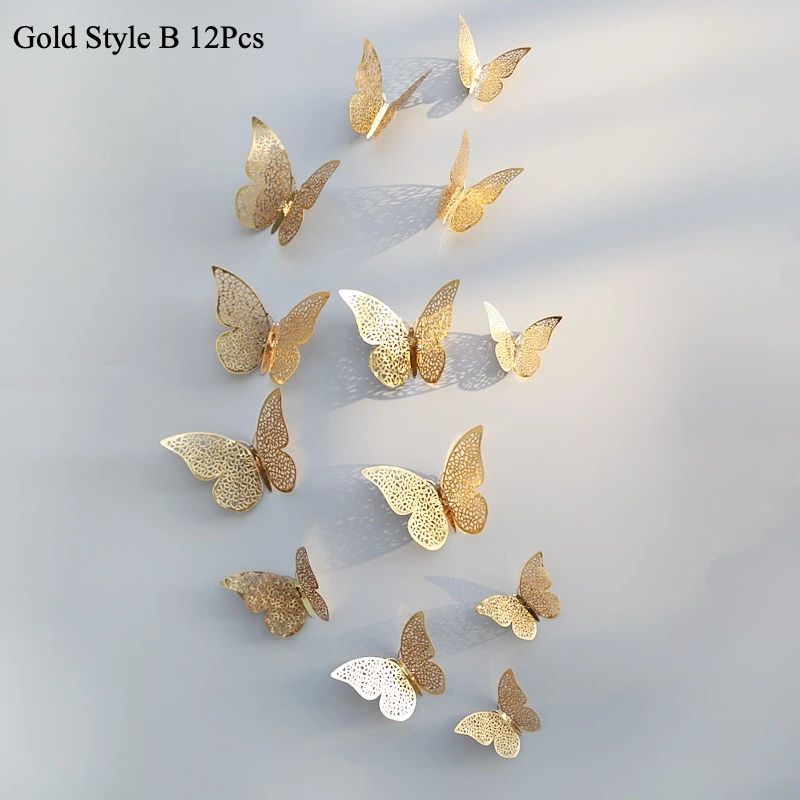 3D Mirror Butterfly Wall Stickers Hollow Gold Silver Blue DIY Room Decor 16