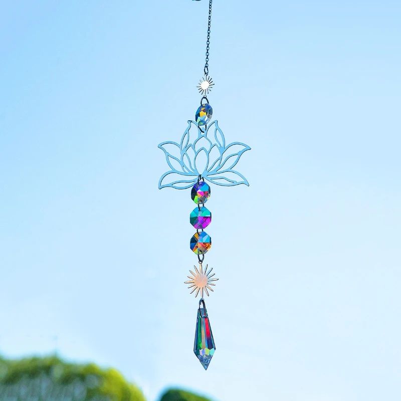 Crystal Lotus Suncatcher Wind Chime Metal Hanging Charm For Garden Window Home Decor 7