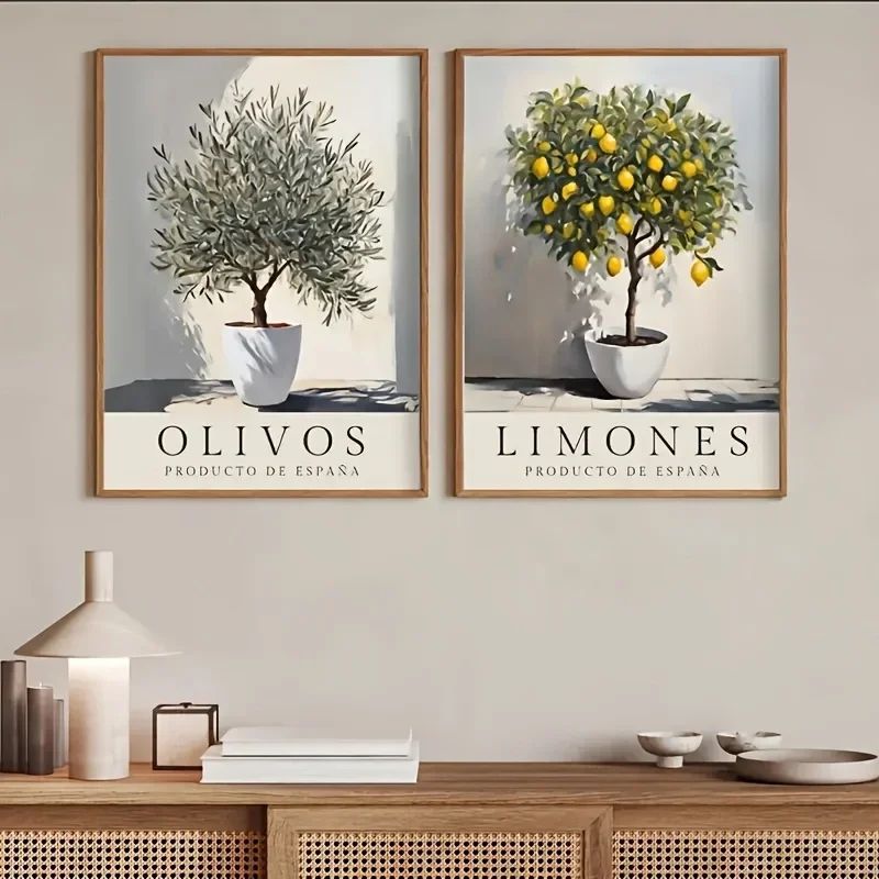 Retro Olive Tree Lemon Canvas Poster Elegant Botanical Vase Wall Art For Living Room Bedroom Dec 1