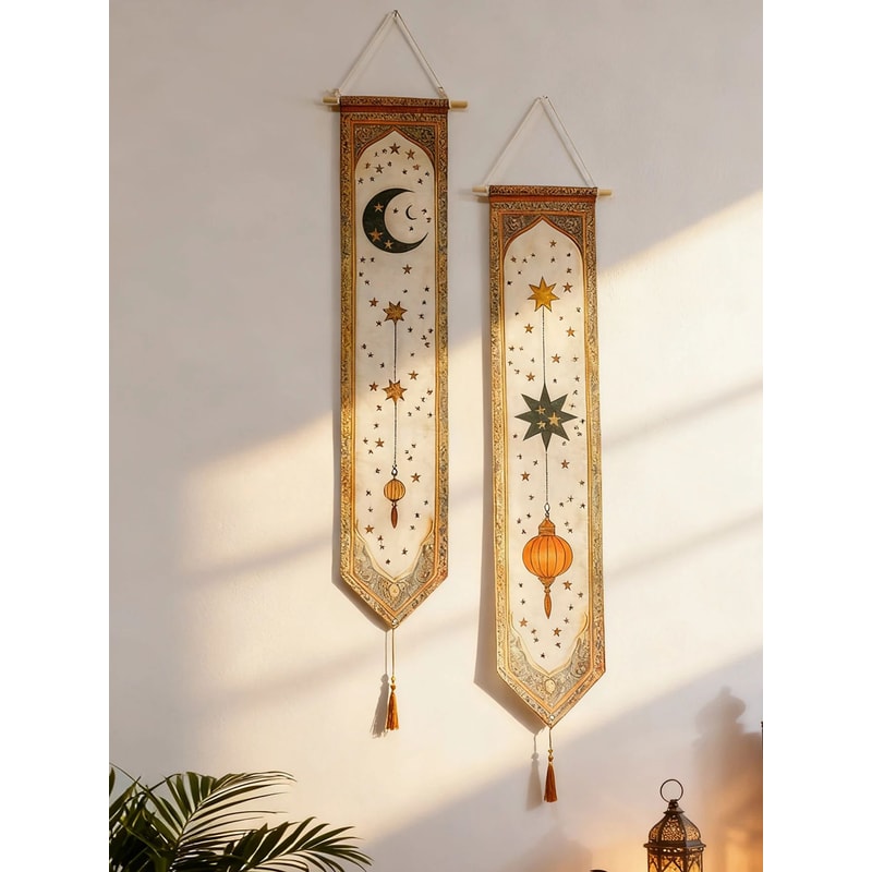 Ramadan Mubarak Tapestry Wall Banner Islamic Moon Star Lantern Decor For Eid Home Decoration 0