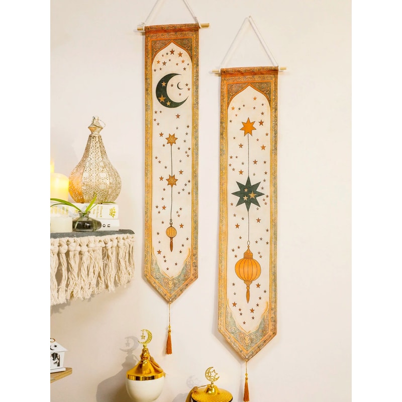 Ramadan Mubarak Tapestry Wall Banner Islamic Moon Star Lantern Decor For Eid Home Decoration 4