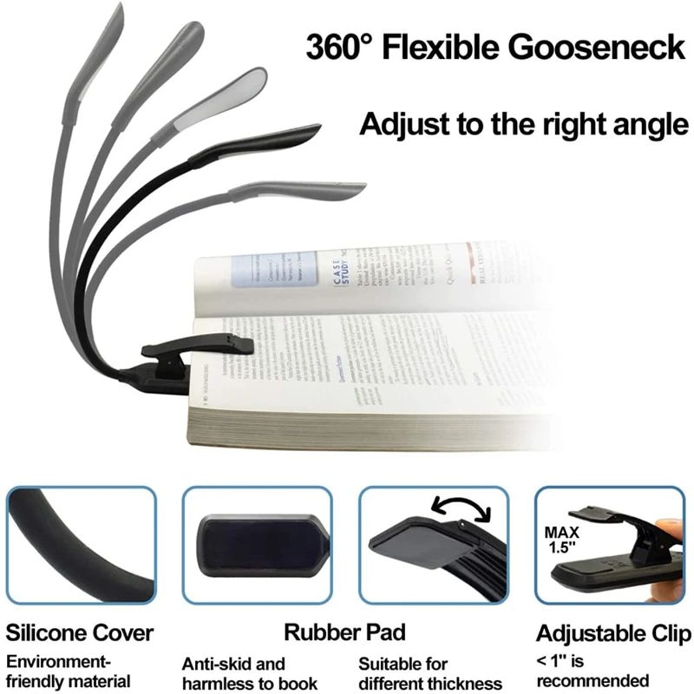 USB Rechargeable LED Book Light Flexible ClipOn Reading Lamp With 3 Color Modes Adjustable Bright 4