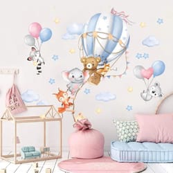 large hot air balloon animal wall stickers – nursery bear elephant fox decal for kids room & playroom decor