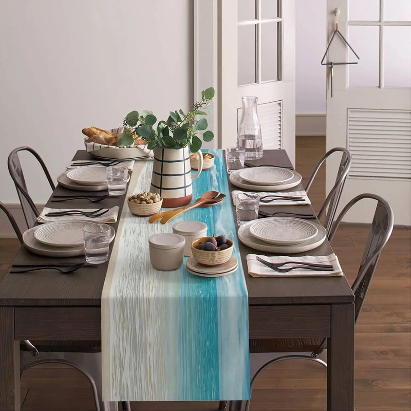 Summer Ocean Linen Table Runner Beach Sea Dining Table Scarf Farmhouse Kitchen Decor 1