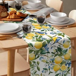 lemon tree & blue birds linen table runner – vintage floral fruit dining table scarf decor