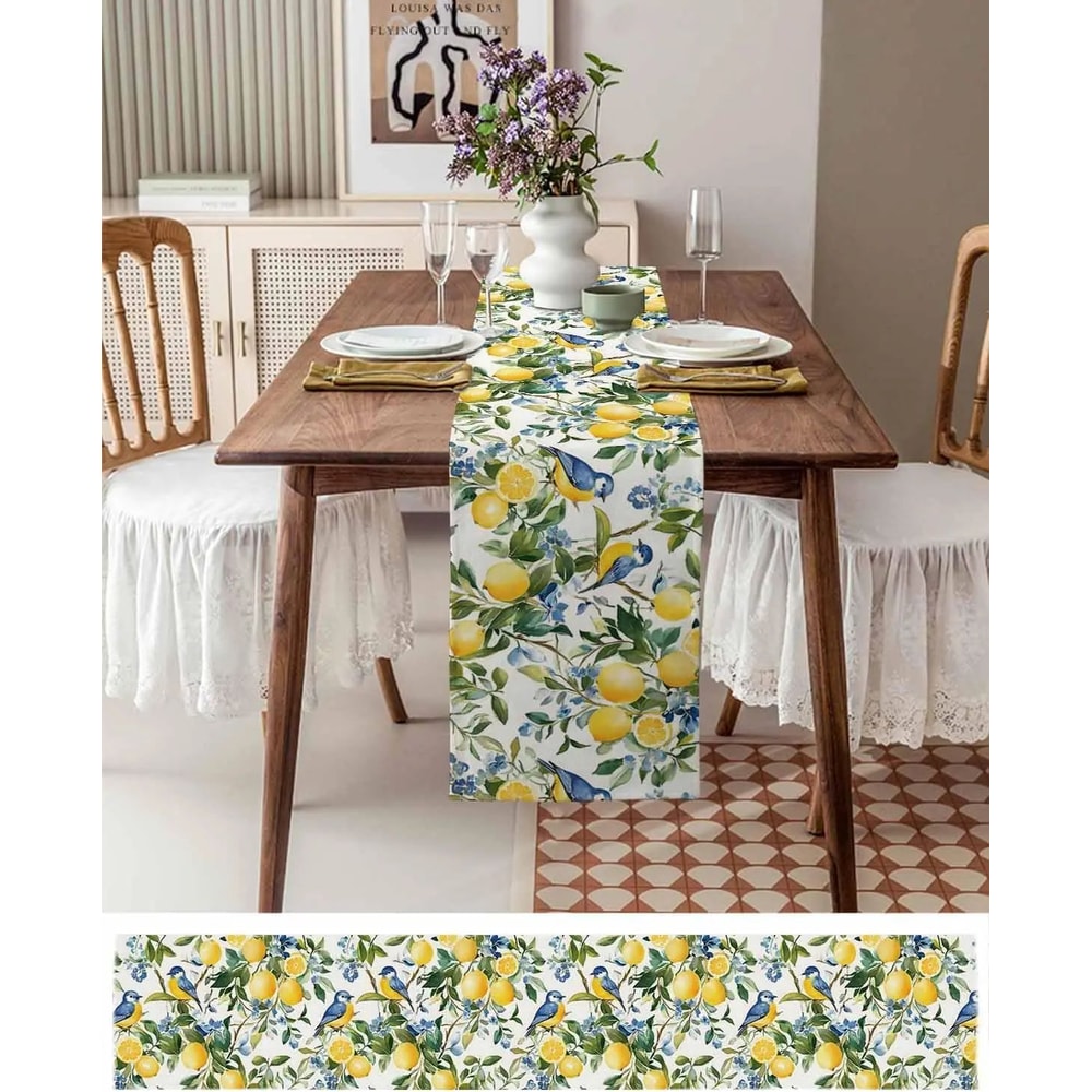 Lemon Tree Blue Birds Linen Table Runner Vintage Floral Fruit Dining Table Scarf Decor 4