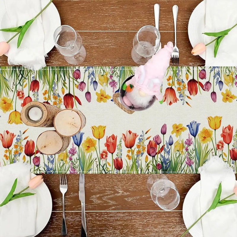 Spring Sunflower Daisy Linen Table Runner Colorful Floral Farmhouse Wedding Party Table Decor 2