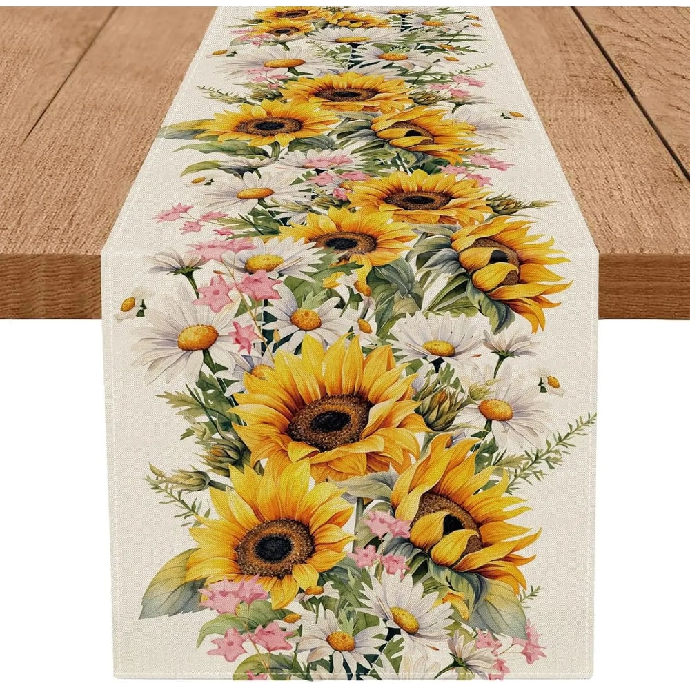 Spring Sunflower Daisy Linen Table Runner Colorful Floral Farmhouse Wedding Party Table Decor 5