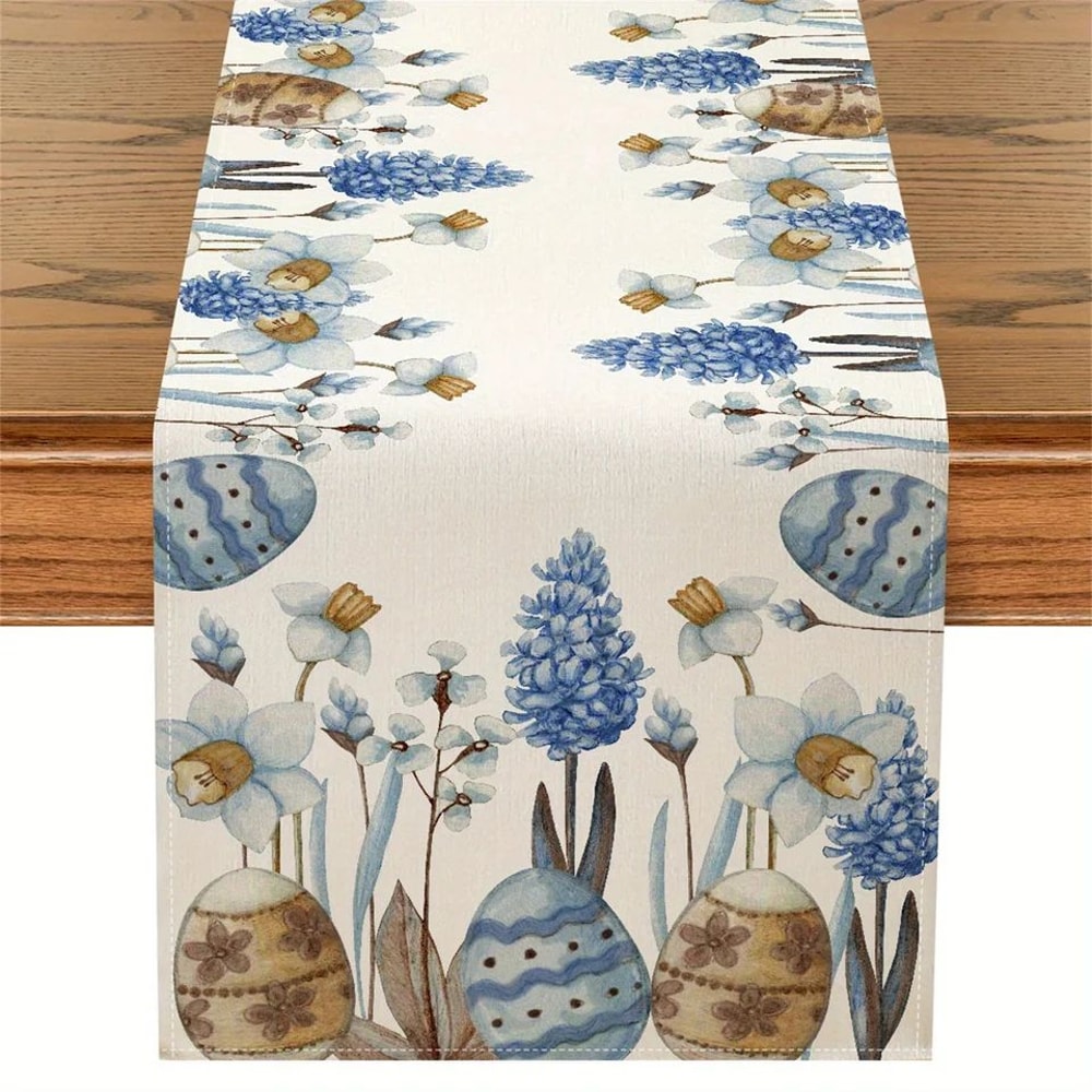 Easter Blue Eggs Floral Linen Table Runner Spring Botanical Dining Table Decor 0