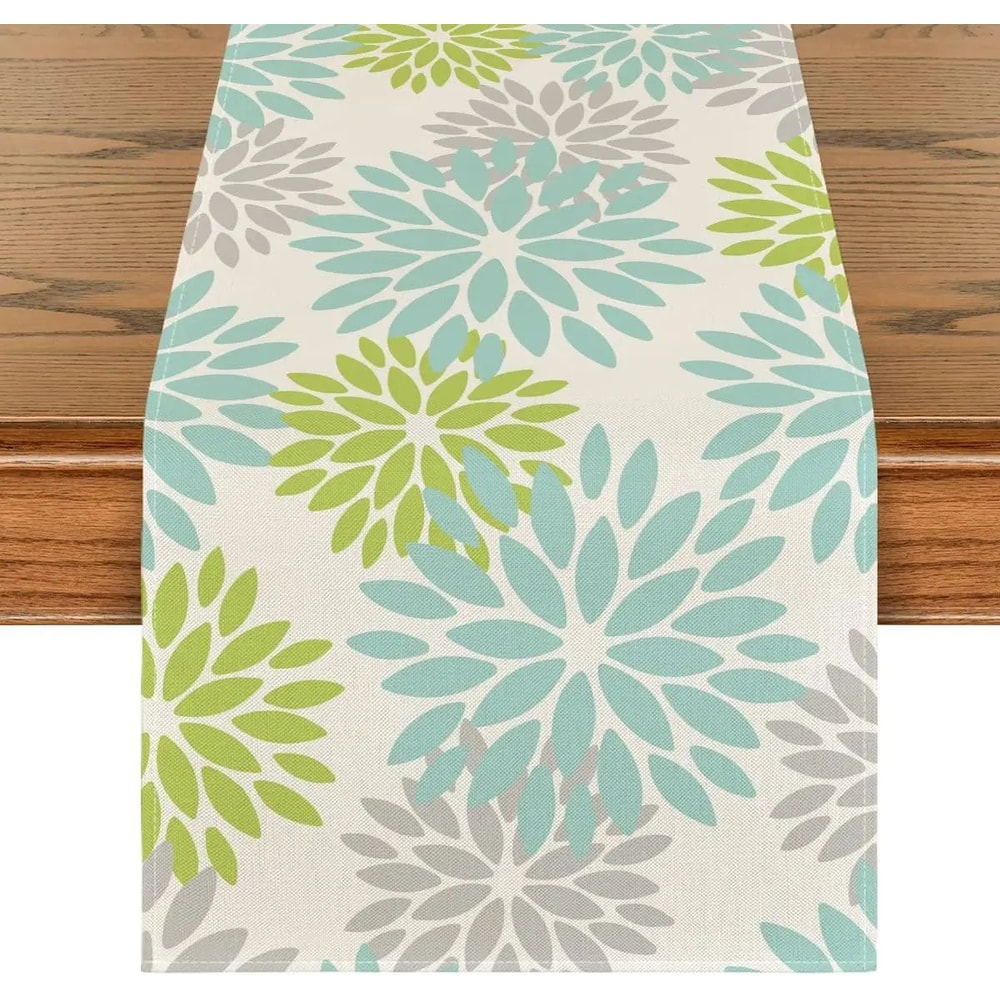 Blue Dahlia Floral Linen Table Runner Summer Spring Seasonal Dining Table Decor 2