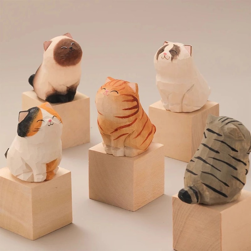 Handcrafted Wooden Cat Figurine Cute Kitten Desk Decor Animal Car Ornament 0