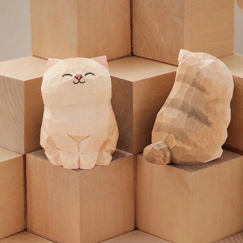 Handcrafted Wooden Cat Figurine Cute Kitten Desk Decor Animal Car Ornament 8