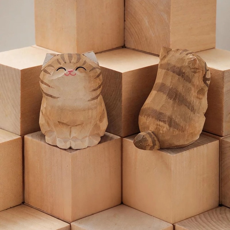 Handcrafted Wooden Cat Figurine Cute Kitten Desk Decor Animal Car Ornament 14