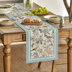 blue birds & blossom linen table runner – elegant floral dining & wedding decor