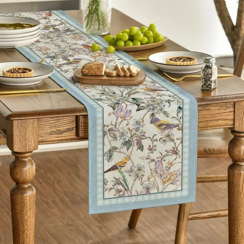 Blue Birds Blossom Linen Table Runner Elegant Floral Dining Wedding Decor 0