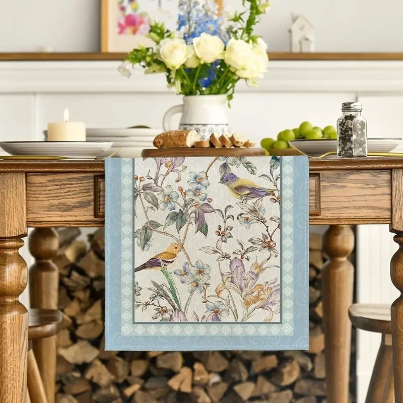 Blue Birds Blossom Linen Table Runner Elegant Floral Dining Wedding Decor 2