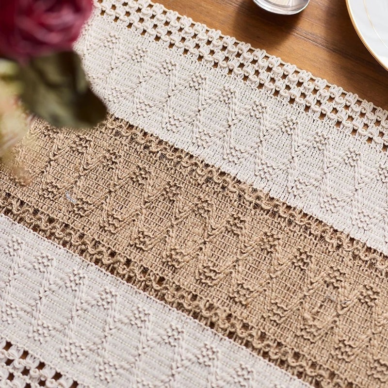Boho Macrame Table Runner With Tassels Cream Brown Farmhouse Dining Decor 4