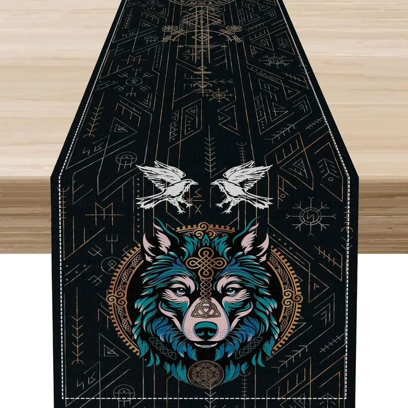 Norse Viking Raven Table Runner Linen Tree Of Life Mythology Dining Decor Raven Print Table Runner 3