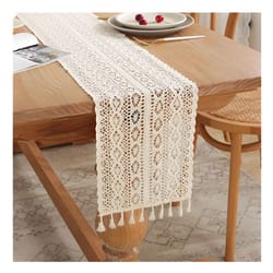 boho beige macrame table runner – vintage farmhouse crochet bohemian dining & wedding decor