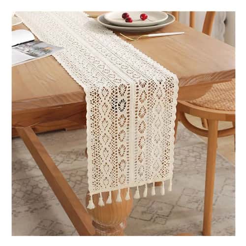 Boho Beige Macrame Table Runner – Vintage Farmhouse Crochet Bohemian Dining & Wedding Decor