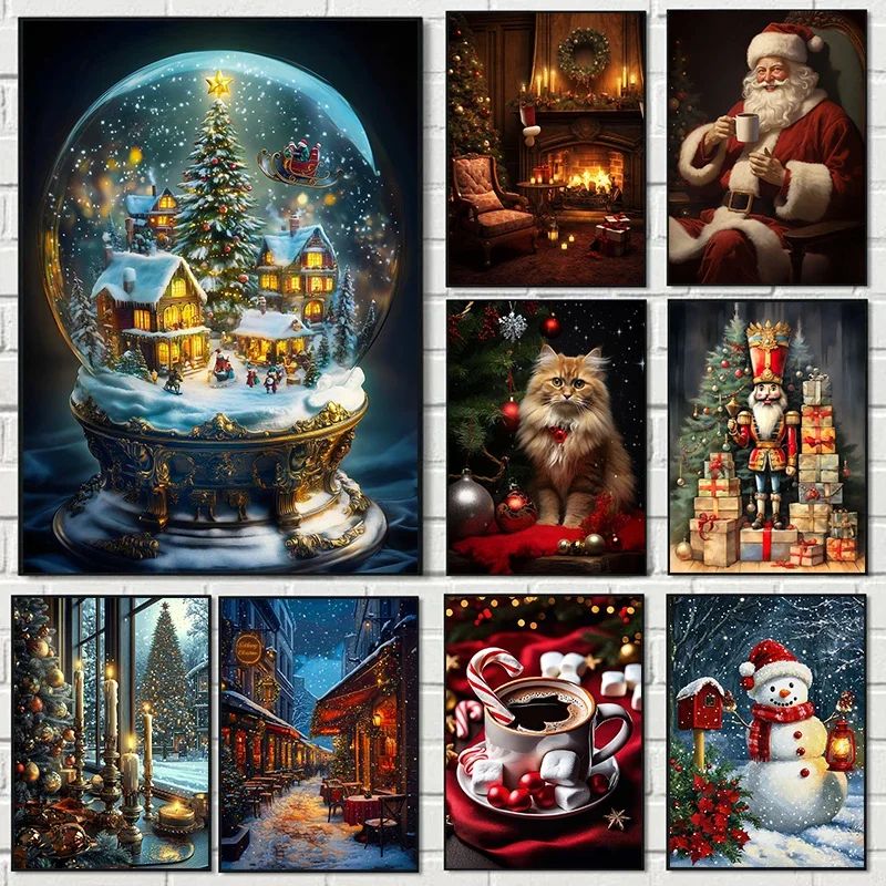 Classic Christmas Canvas Wall Art Santa Claus Christmas Tree Holiday Home Decor Poster 2