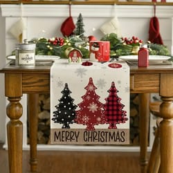 retro plaid christmas table runner for dining table – winter holiday tree pattern polyester decor