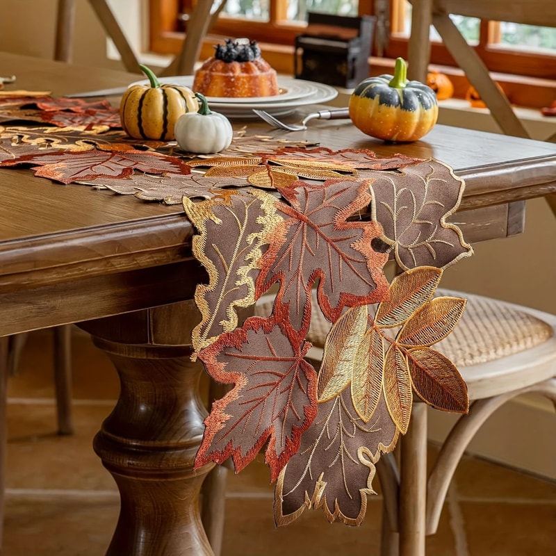 Embroidered Maple Leaf Table Runner For Dining Table Rustic Farmhouse Autumn Thanksgiving Decor 0