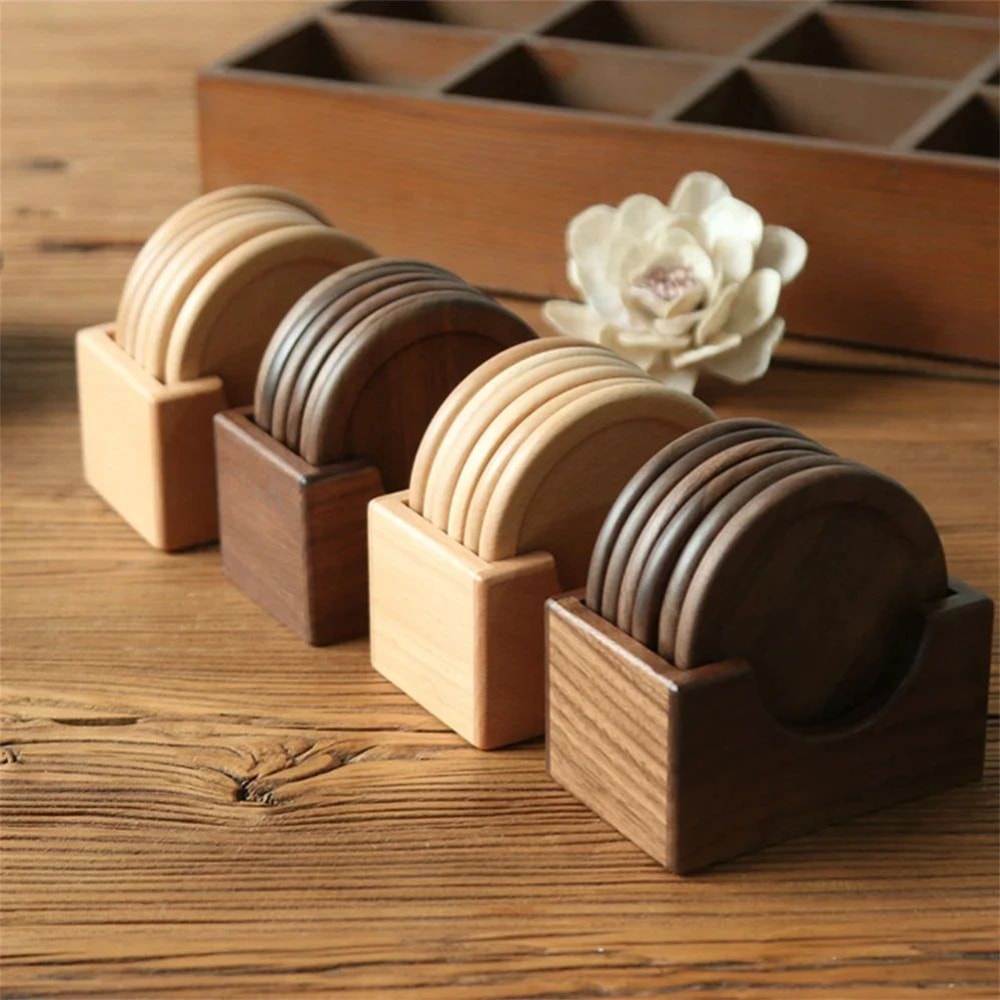 Walnut Wood Coaster Set 6pcs Round Heat Resistant Drink Coasters For Home Decor 3