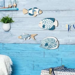 coastal wooden fish wall decor set – 4pcs nautical beach style hanging art for home