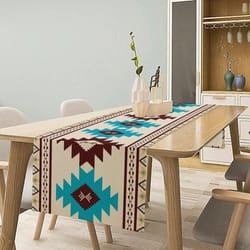 aztec tribal linen table runner for dining table – boho geometric farmhouse kitchen decor