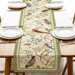 vintage floral bird linen table runner for dining table – farmhouse summer botanical decor