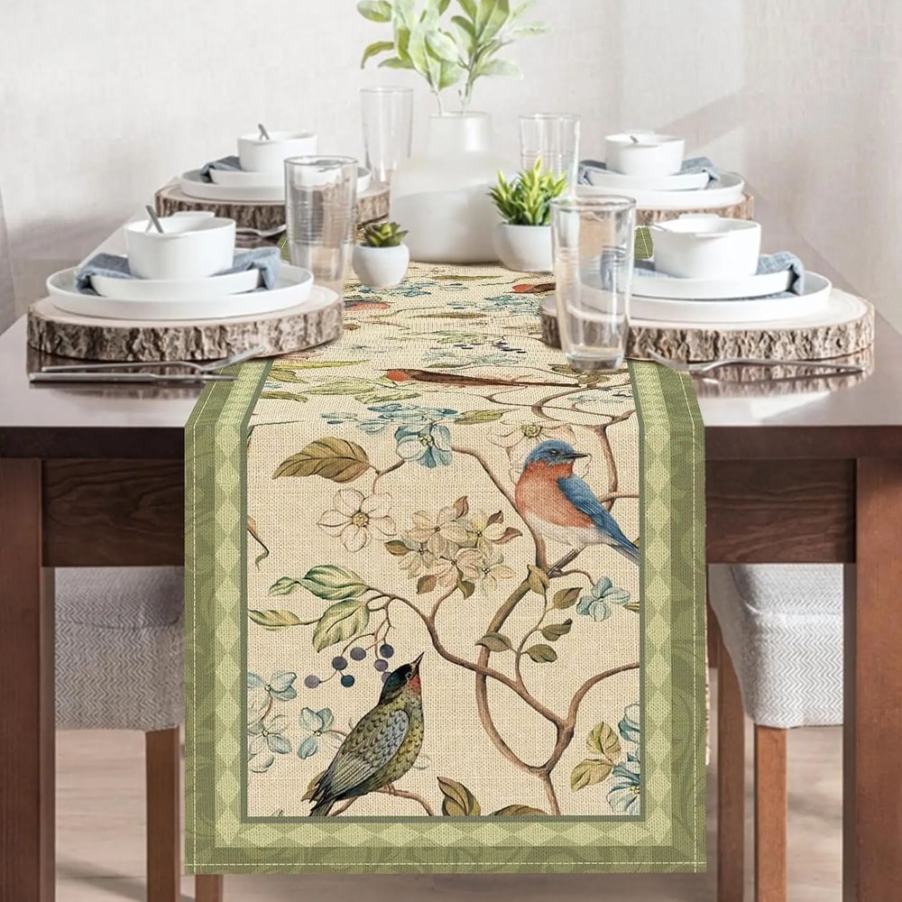 Vintage Floral Bird Linen Table Runner For Dining Table Farmhouse Summer Botanical Decor 3