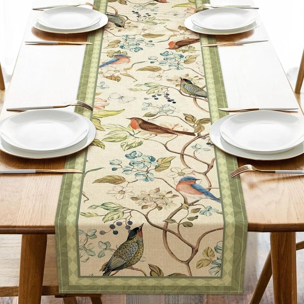 Vintage Floral Bird Linen Table Runner For Dining Table Farmhouse Summer Botanical Decor 7