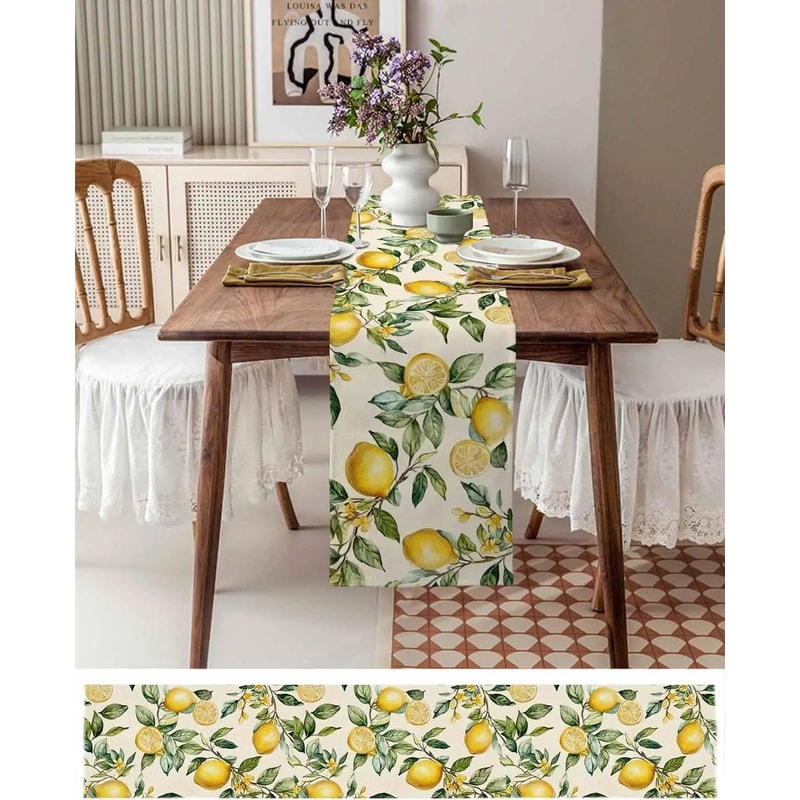 Watercolor Lemon Linen Table Runner For Dining Table Summer Green Leaf Farmhouse Kitchen Decor 1