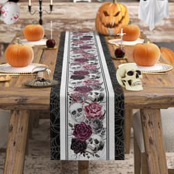 halloween skull rose linen table runner for dining table – gothic crow party kitchen decor