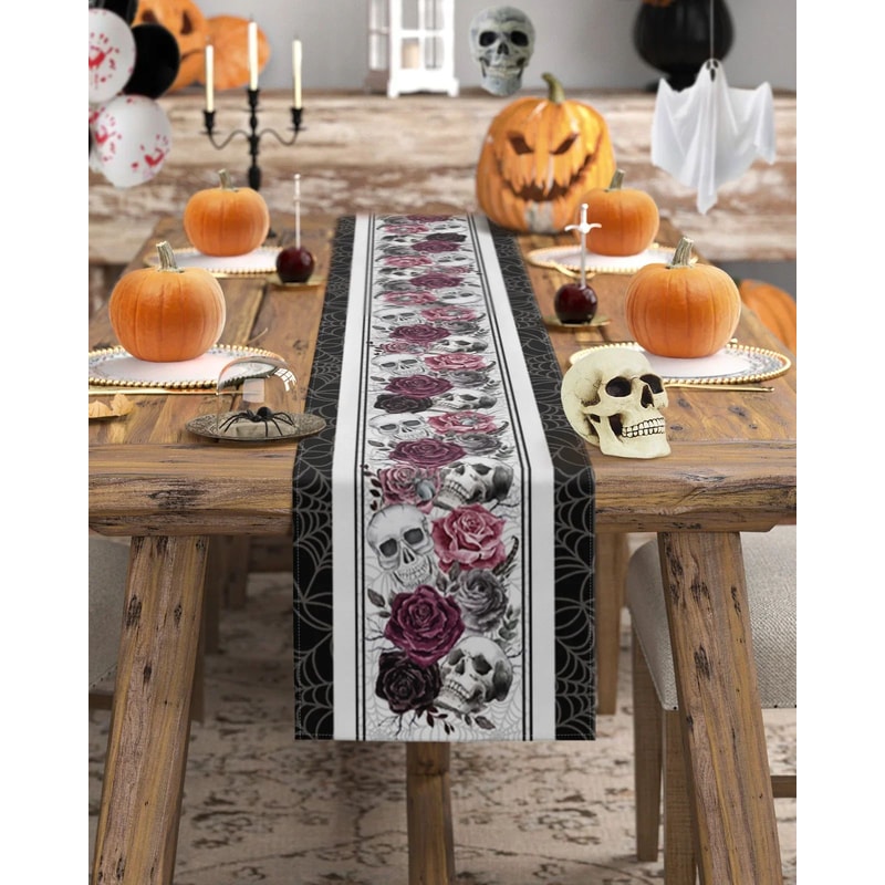 Halloween Skull Rose Linen Table Runner For Dining Table Gothic Crow Party Kitchen Decor 0