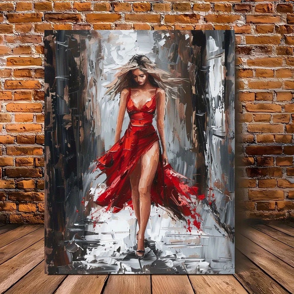 Elegant Woman Canvas Wall Art With Wooden Frame Red Dress Modern Office Home Decor 0
