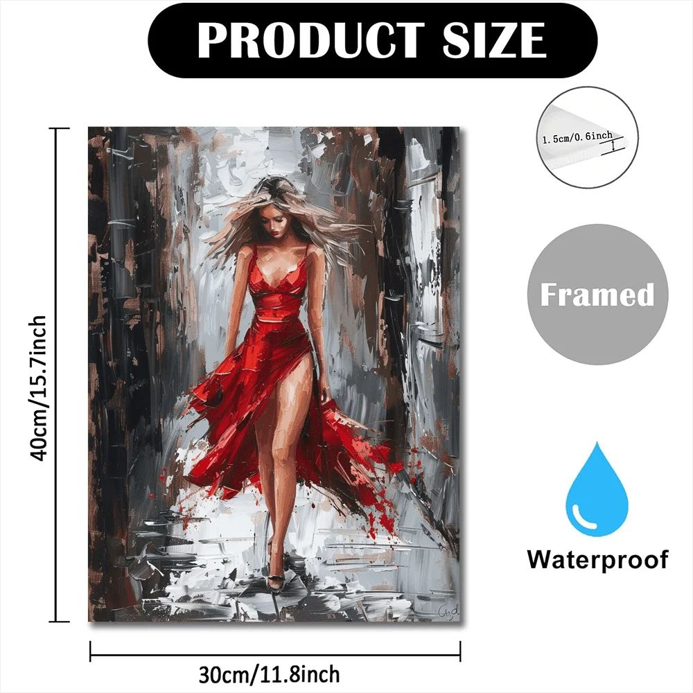 Elegant Woman Canvas Wall Art With Wooden Frame Red Dress Modern Office Home Decor 4