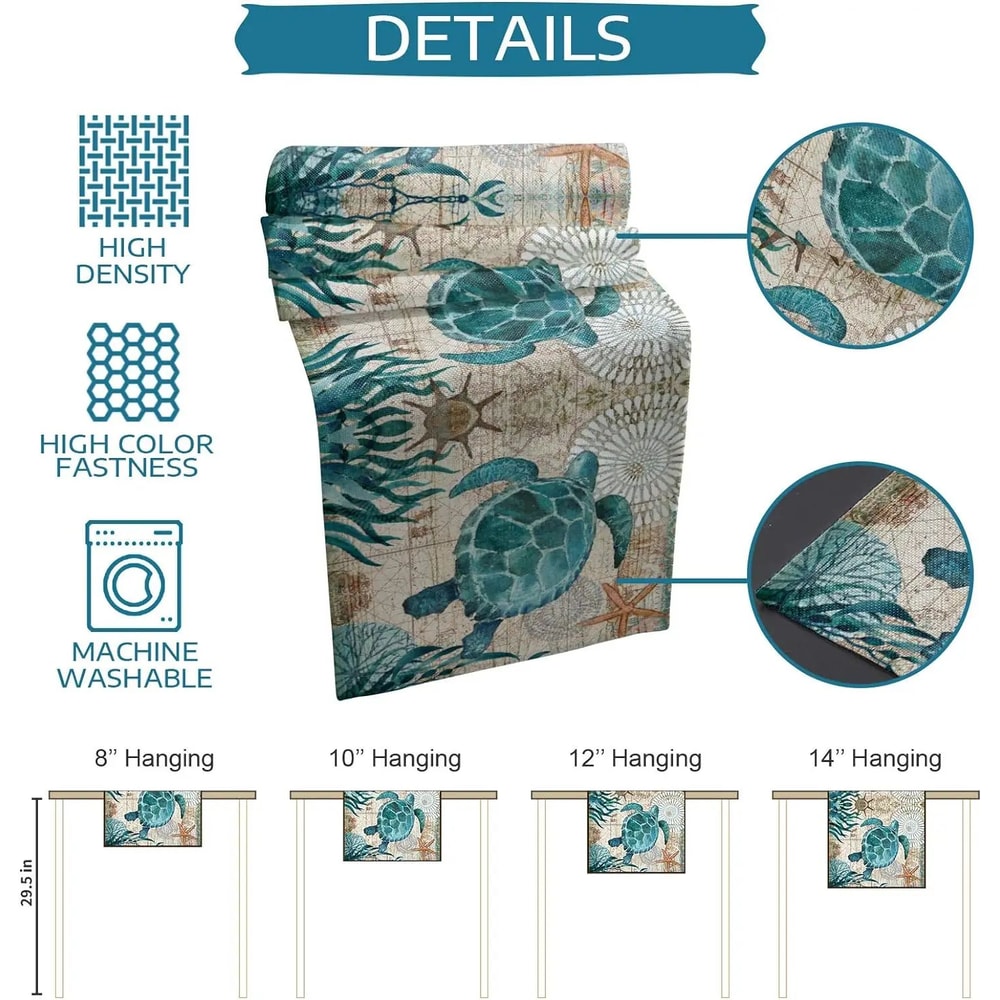 Nautical Sea Turtle Linen Table Runner For Dining Table Starfish Coastal Farmhouse Decor 4