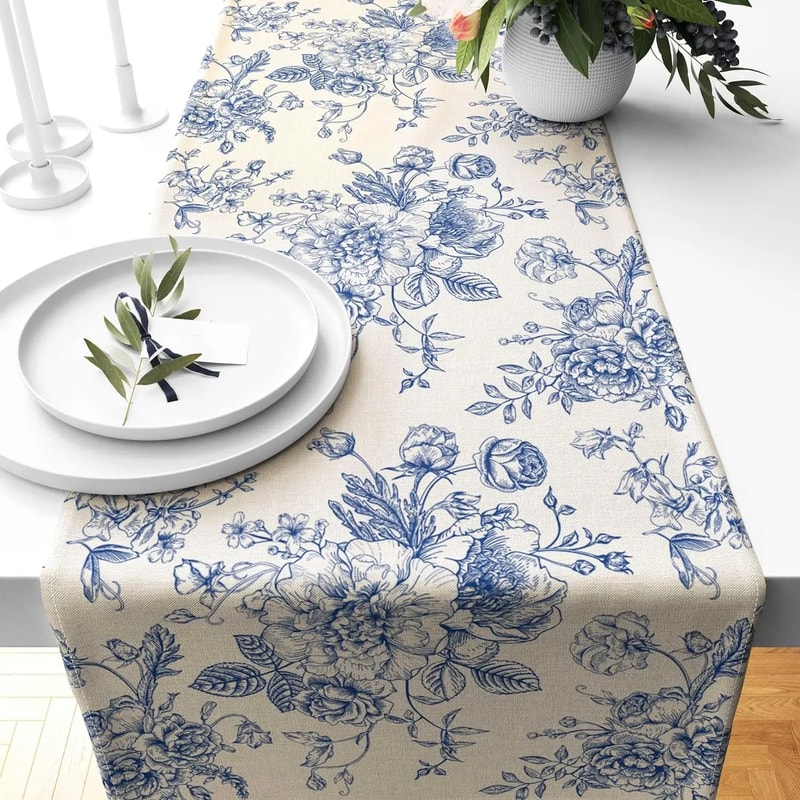 Chinoiserie Blue Floral Linen Table Runner For Dining Table Elegant Vintage Farmhouse Decor 5