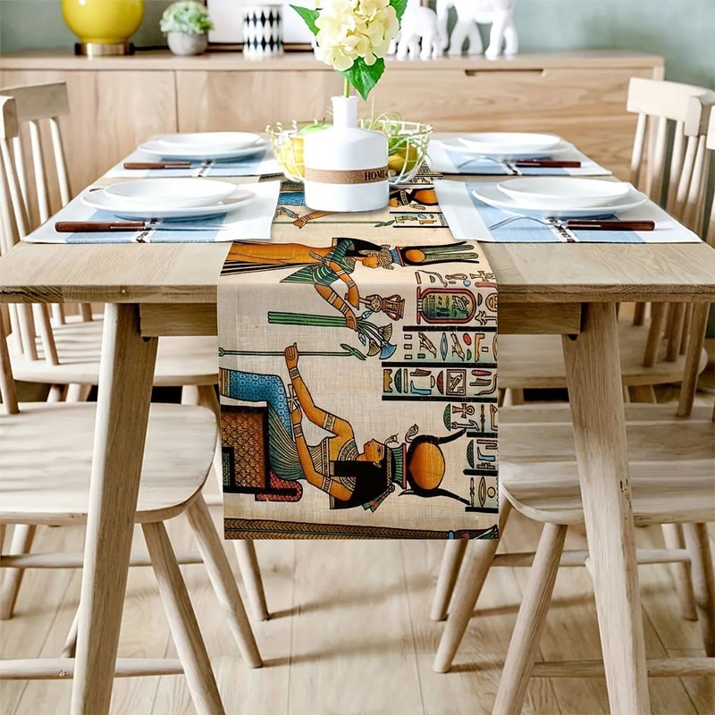 Ancient Egyptian Linen Table Runner For Dining Table Ethnic Pharaoh Mural Farmhouse Decor 1