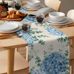 blue hydrangea eucalyptus linen table runner for dining table – floral farmhouse wedding decor