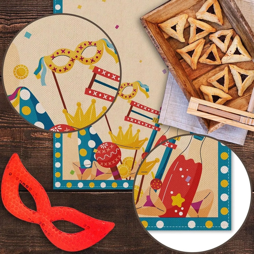 Purim Celebration Linen Table Runner Jewish Holiday Masquerade Dining Table Decor Reusable Carniva 4